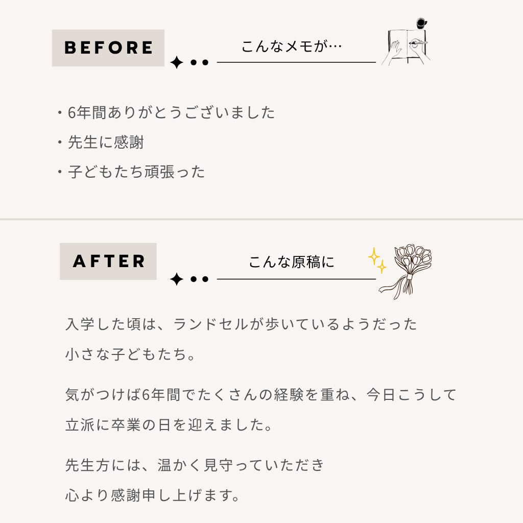 卒園式・卒業式・PTA・謝恩会の挨拶文を代筆します 保護者代表を任された方へ。全件★5・当日までに仕上げます イメージ3