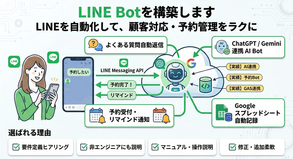 相談無料◎LINE Botを構築します LINEを自動化して、顧客対応・予約管理をラクに イメージ1