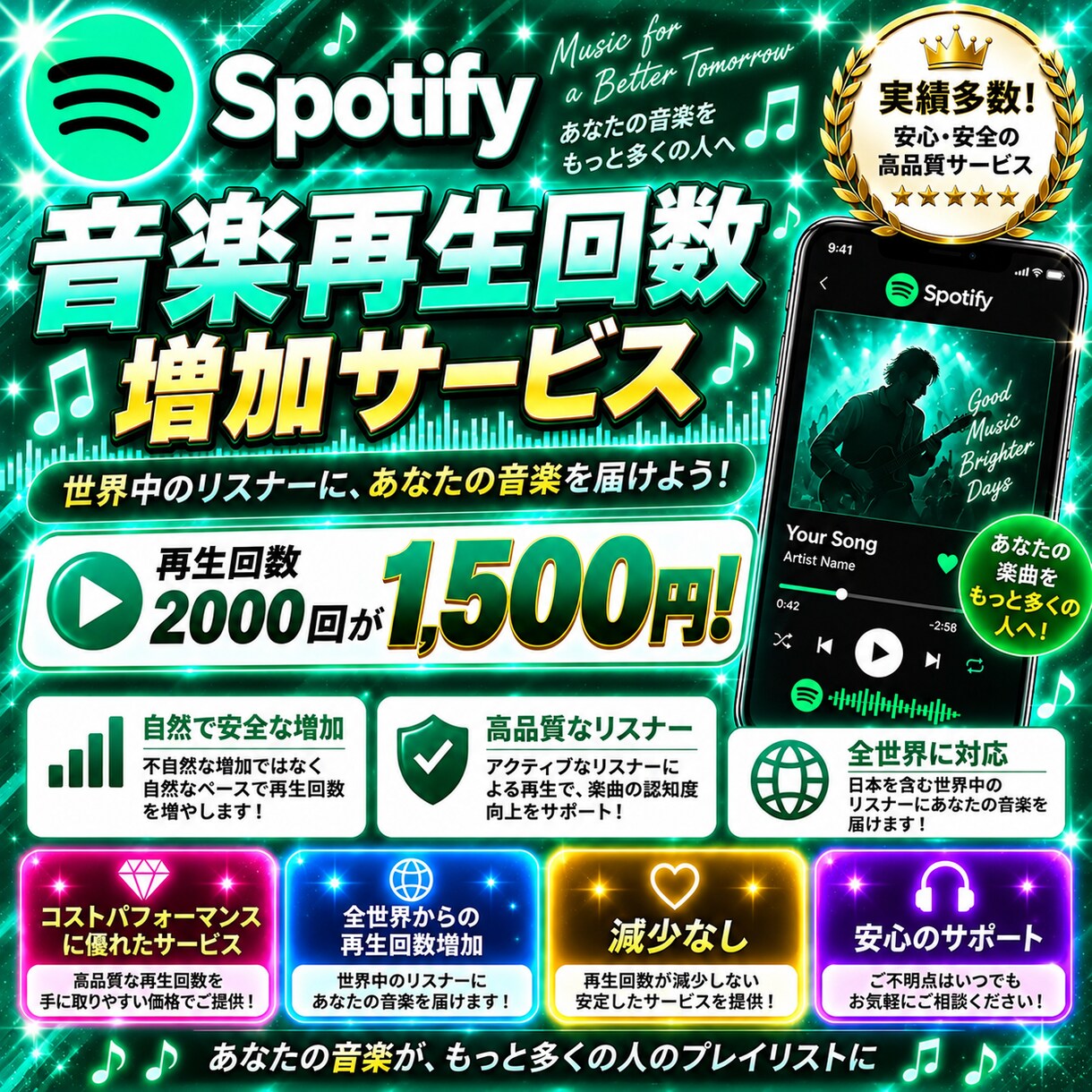 Spotify音楽再生回数2000回増やします 全世界からの再生回数が増加！楽曲再生回数支援！ イメージ5