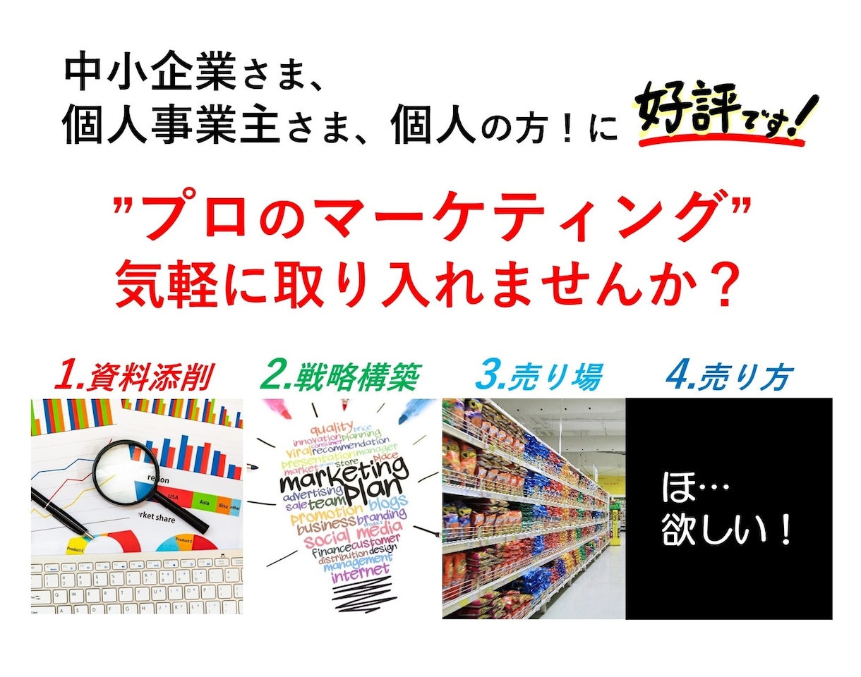 マーケティング。売れる戦略をアドバイス致します 一部上場企業の現職マーケター。戦略アドバイスから資料添削まで イメージ2