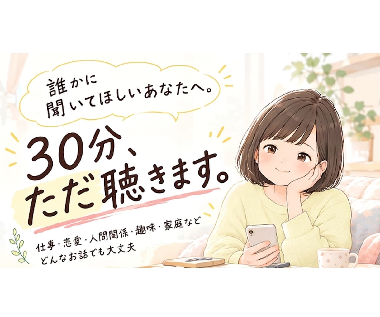 誰かに聞いてほしいあなたへ。30分、ただ聴きます 気持ちを手放す時間に。些細な事・なんとなくモヤモヤも聴きます イメージ1
