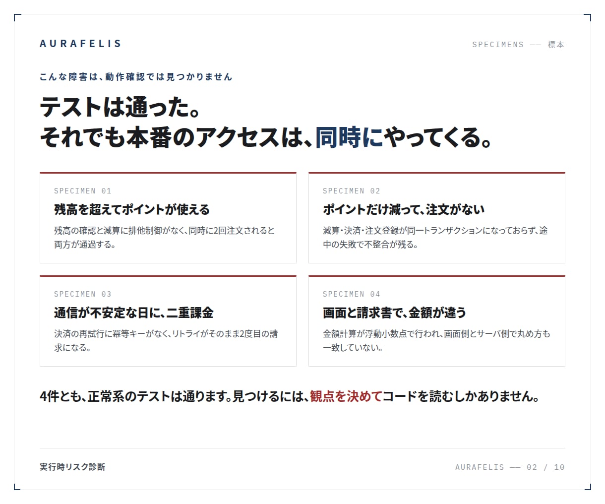 本番で壊れる前にコードの実行時リスクを診断します 金融基幹の品質基準で、本番で壊れる経路を可視化します イメージ2