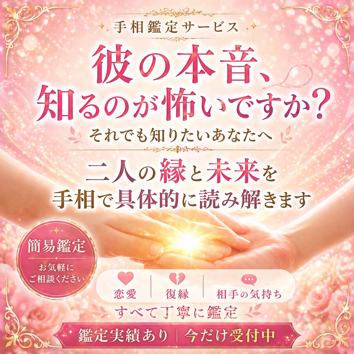 先着5名 手相であなたの恋愛を読み解きます まずは気軽に手相鑑定を試したい方へ 手の写真で今の恋愛を鑑定 イメージ1