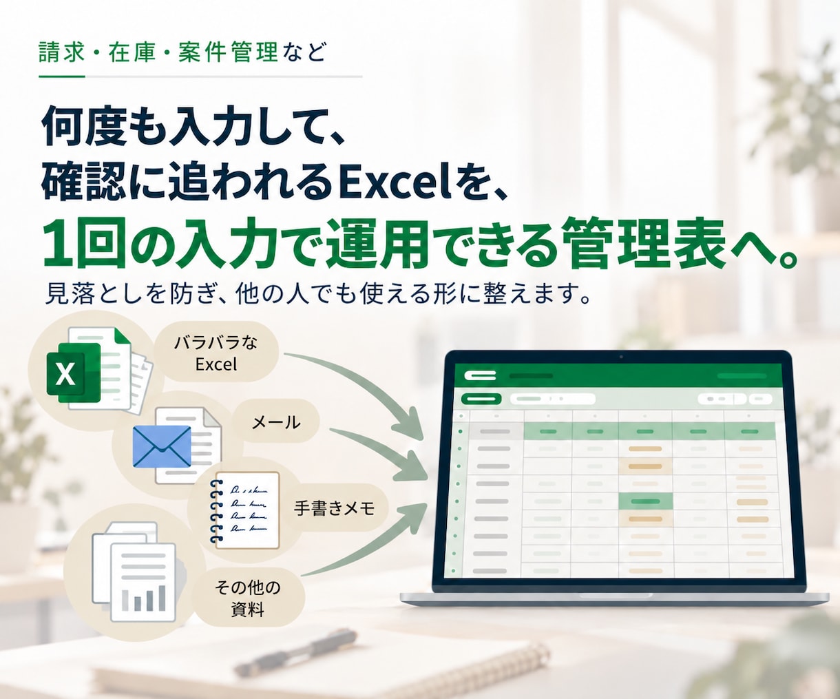 請求・在庫・案件管理などのExcel表を改善します 何度も入力・確認するExcelを、仕事が回る形へ イメージ1