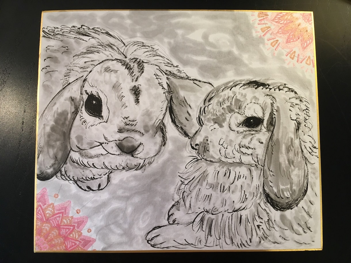 原画郵送可 激安！似顔絵オーダー承ります キラキラカラフルな曼荼羅模様を施した色紙に水墨画の似顔絵 イメージ5