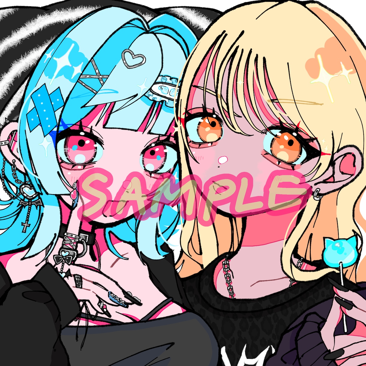 SNSで目立つパキッと双子アイコン描きます 派手✖︎派手なイラストで目を引くイラストを描きます イメージ1