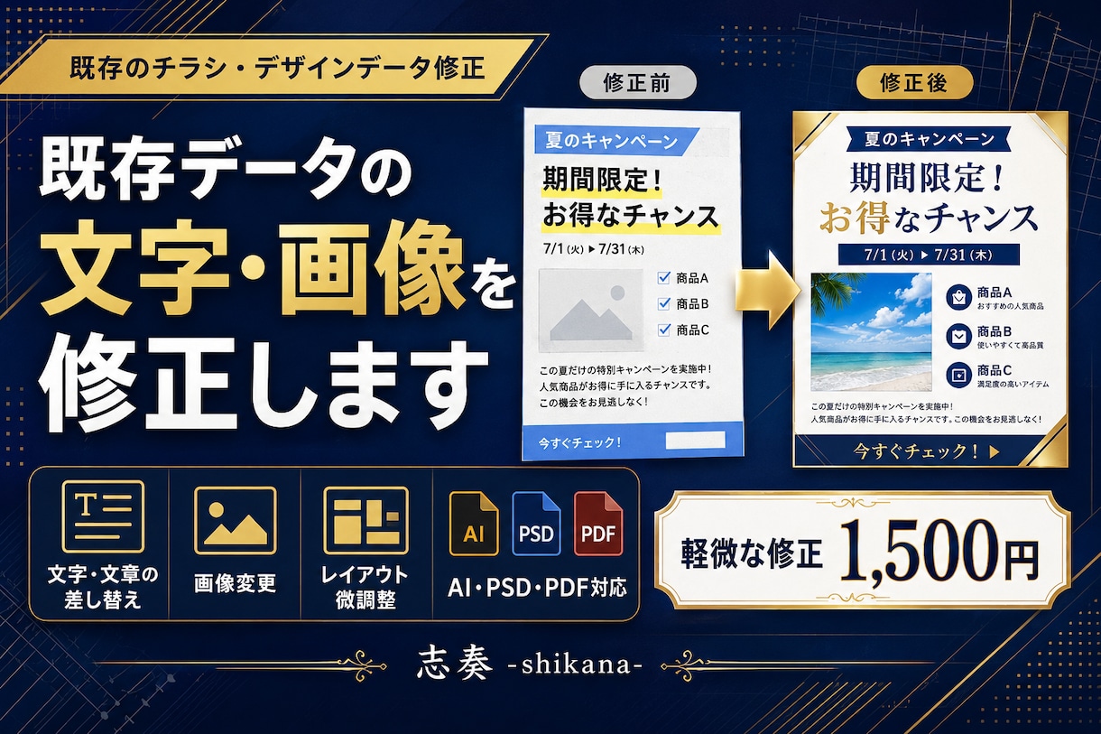 既存のチラシ・デザインデータを修正します 文字や文章の差し替え・レイアウト調整・PDF書き出しに対応 イメージ1