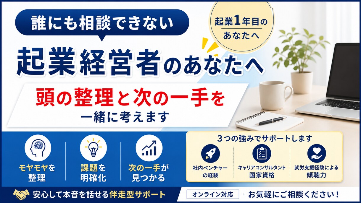 起業1年目/ 頭の整理と次の一手を一緒に見つけます 誰にも相談できない悩みを、一人で抱えていませんか？ イメージ1