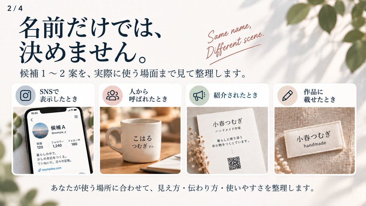活動名の候補を、呼ばれ方まで見て比較します SNS表示・紹介・作品署名など、実際に使う場面での違いを整理 イメージ2