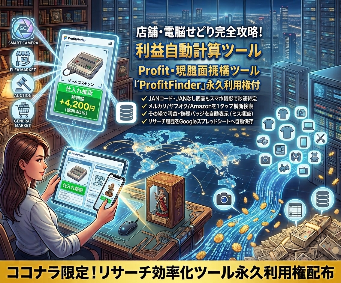画像リサーチツールProfitFinder提供ます リサーチを爆速化！利益判定＆5大モール一括検索Webツール イメージ1