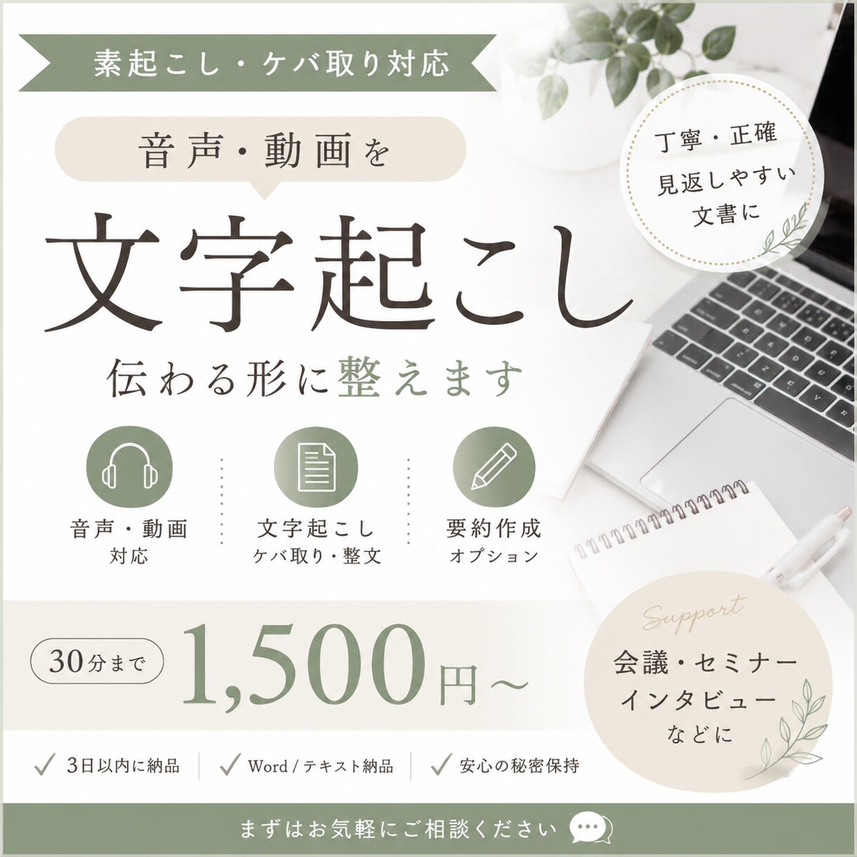 音声・動画を文字起こしし、伝わる形に整えます 大切な音声を、読みやすい文章へ。 イメージ1