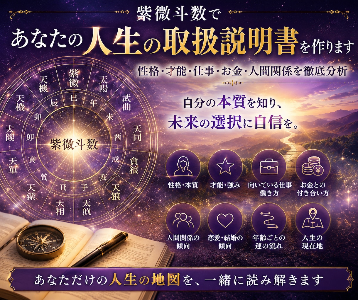 紫微斗数であなたの人生の取扱説明書を作ります 性格・才能・仕事・お金・人間関係を徹底分析 イメージ1