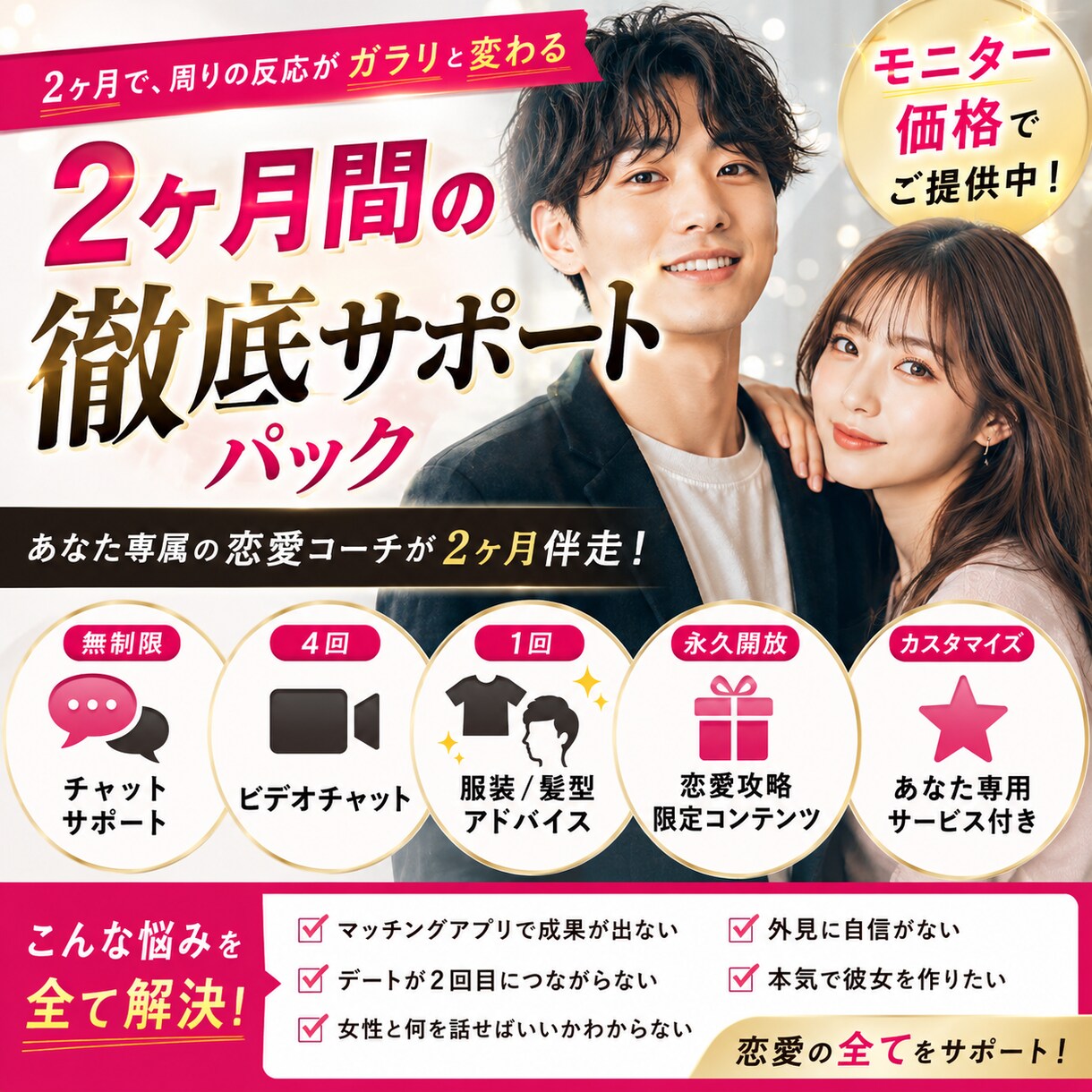 2か月間のフルサポート。貴方の恋愛人生を変えます 90%オフのモニター価格。童貞をモテ男に変えた徹底改善パック イメージ1