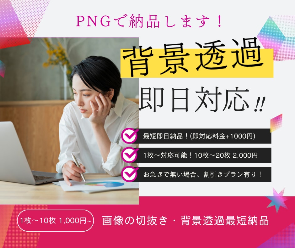 最短即日納品、画像の背景透過PNG納品します 1枚〜10枚まで1,000円〜対応します！ イメージ1