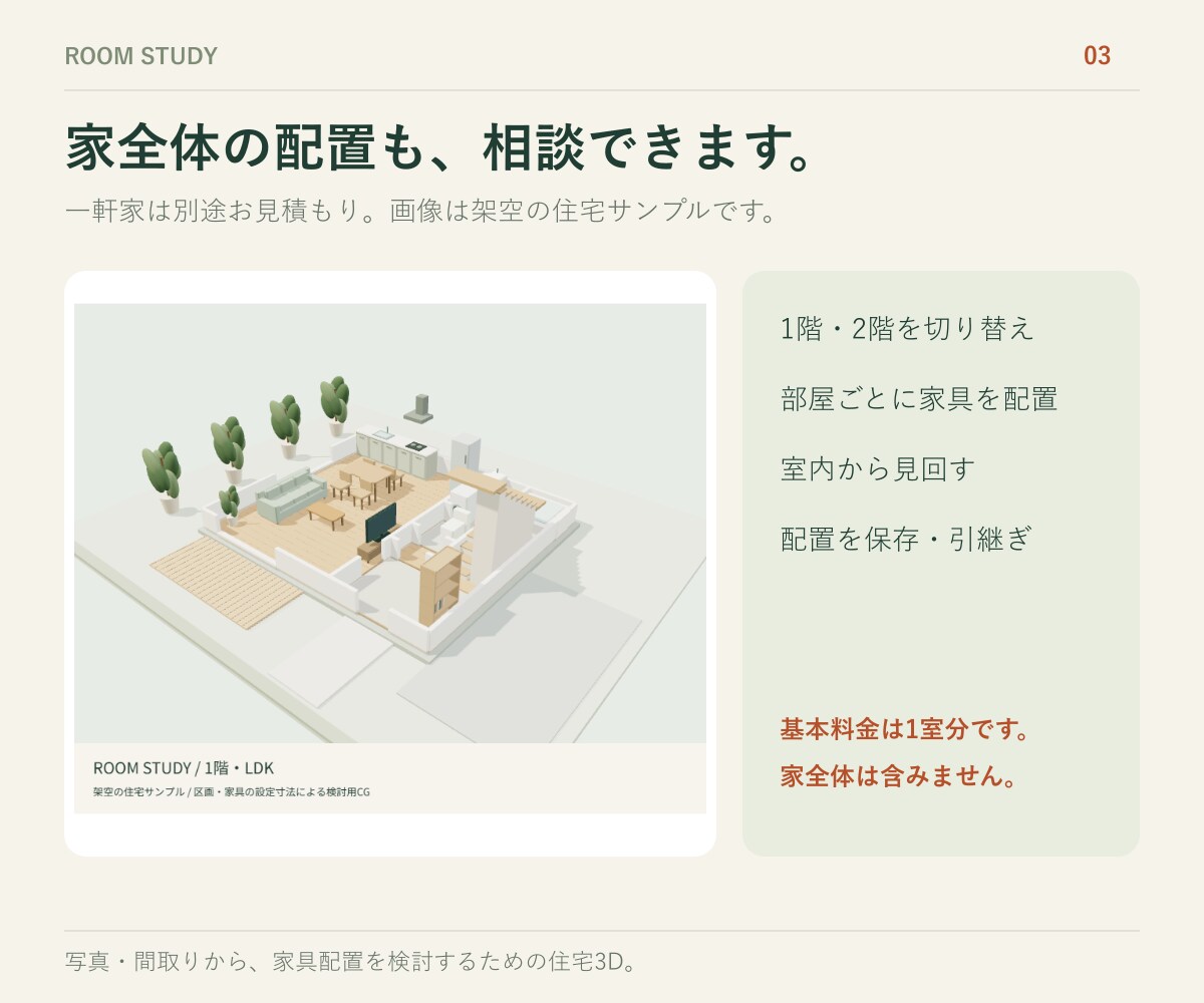 写真や間取りから家具を動かせる3Dを作ります 不動産・建築会社向け。スマホで家具配置を試せる1室 イメージ3