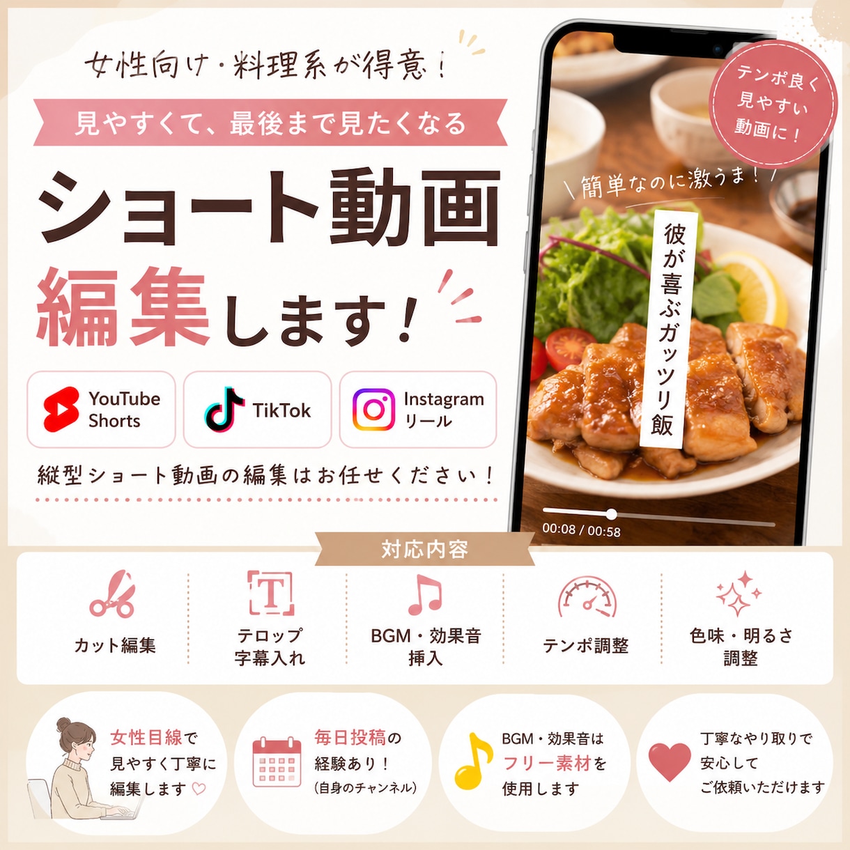 料理系ショート動画を編集します 見やすくテンポの良いショート動画作りを心掛けています イメージ1