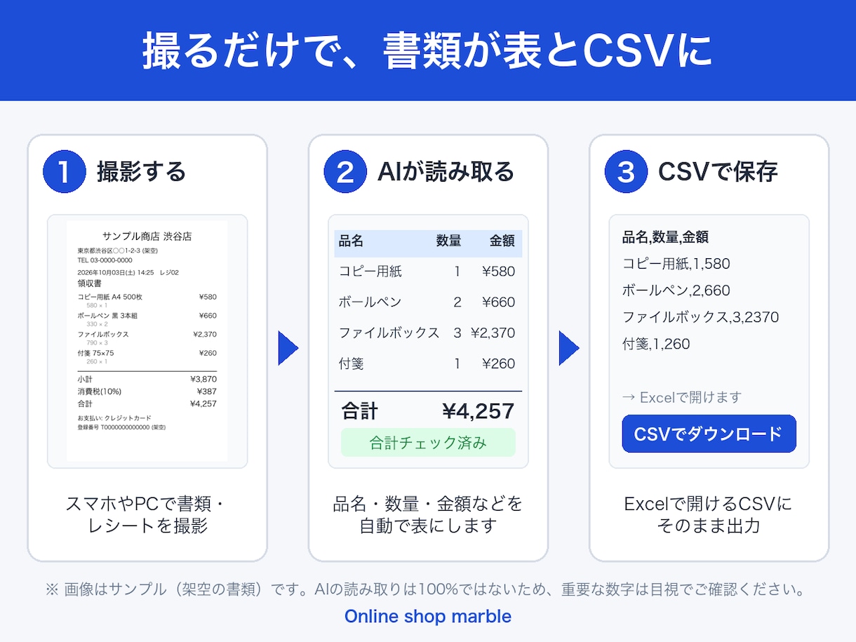 紙書類・レシート写真をデータ化するツールを作ります 撮るだけでレシートが表とCSVに。手入力の手間を削減 イメージ2