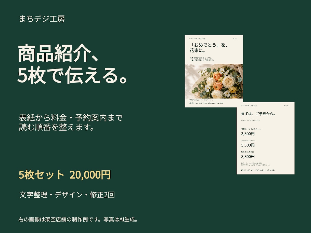 商品・サービスの紹介画像を5枚セットで制作します 表紙から料金・予約案内まで、読む順番を整えます イメージ1