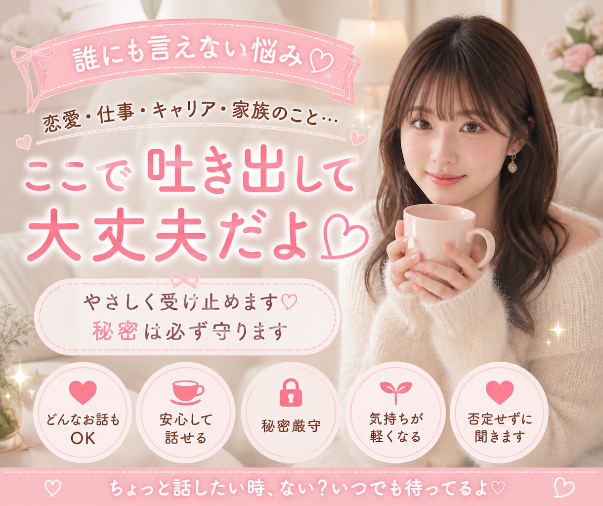 今すぐ話したい！優しくなんでもうかがいます 仕事、恋愛、人間関係など、人に言えない悩みなどなど、、！！！ イメージ1