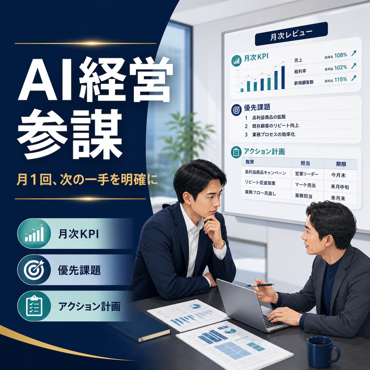 月1回のAI経営参謀として売上と業務を改善します KPIレビューから翌月Actionまで判断を支援 イメージ1