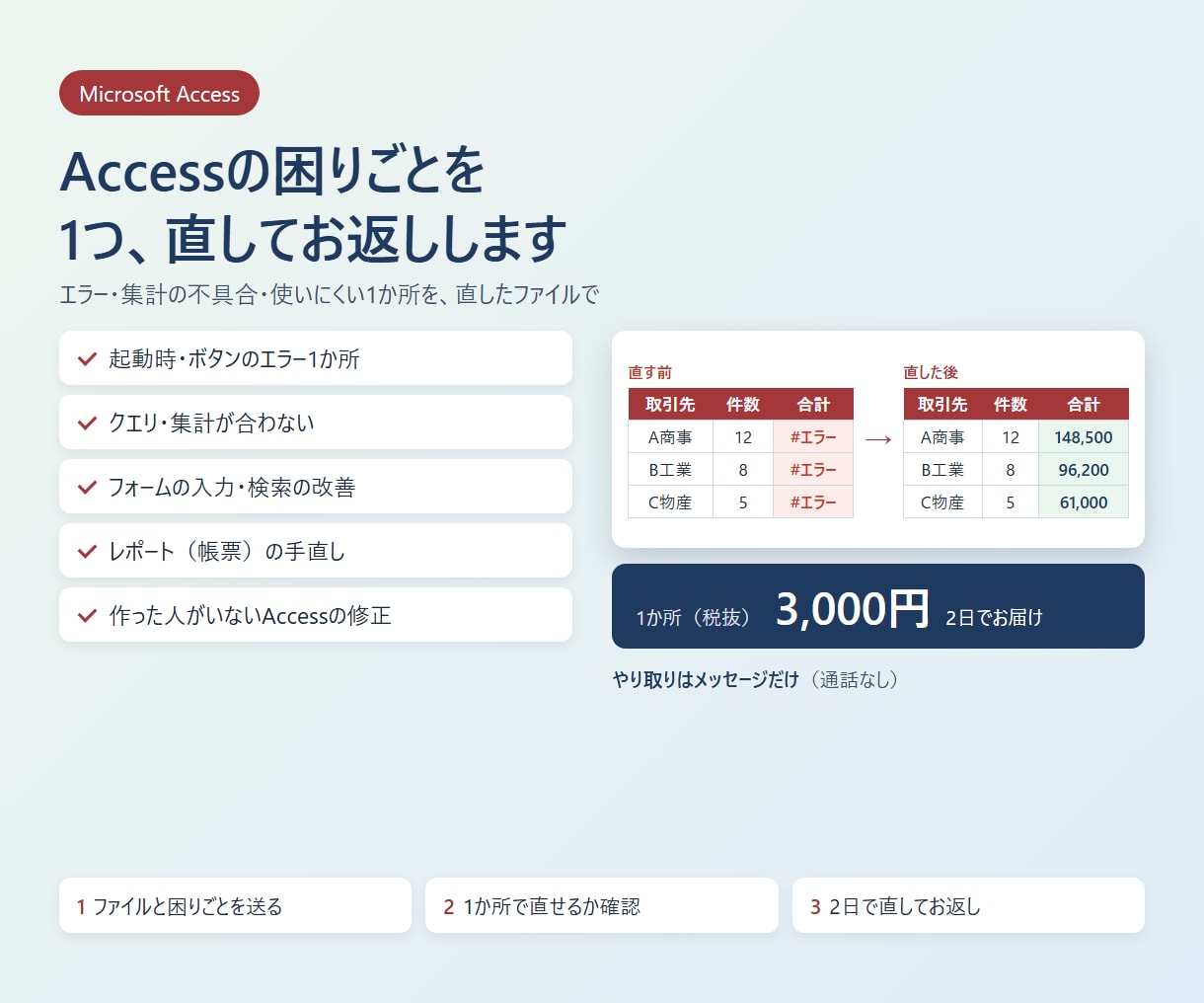 Accessのエラー・困りごとを1つ解決します エラー・集計が合わない1か所を、直したファイルでお返し イメージ1