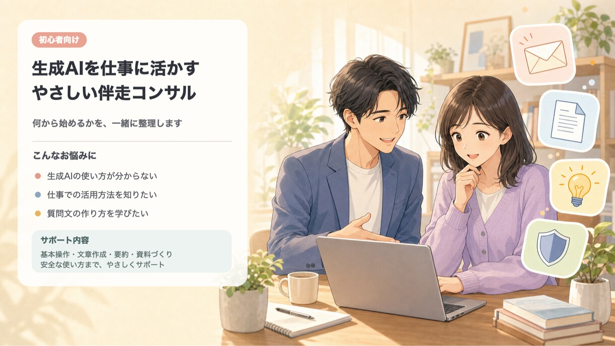 生成AIを仕事に活かす伴走コンサルいたします 生成AIとは何か、初心者向けのコンサルティングサービスです。 イメージ1