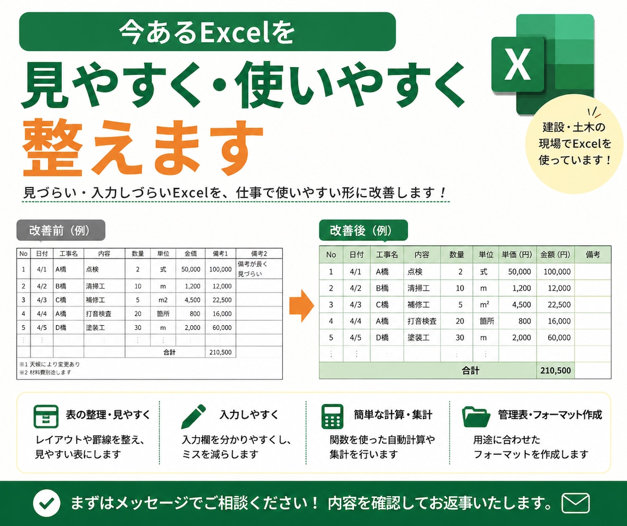 今あるExcelを見やすく使いやすく改善します 見づらい・入力しづらいExcelを整えます イメージ1