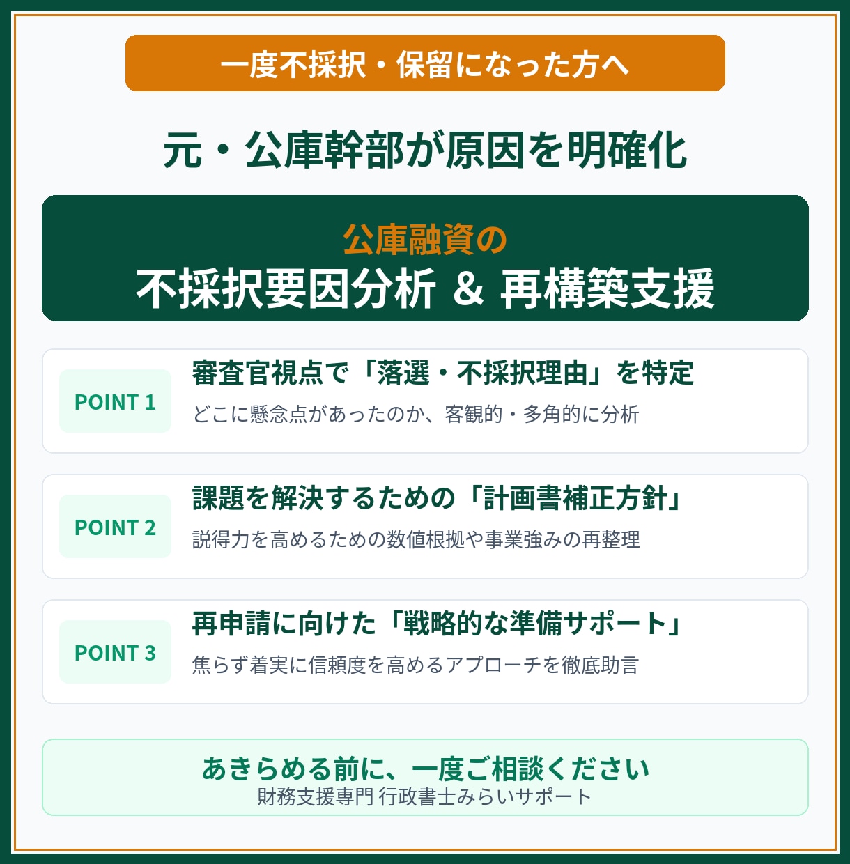元公庫決裁者が融資計画書の添削と面談対策を行います 公庫の担当が思わず頷く！審査側の本音を知る元幹部が直接指導 イメージ2