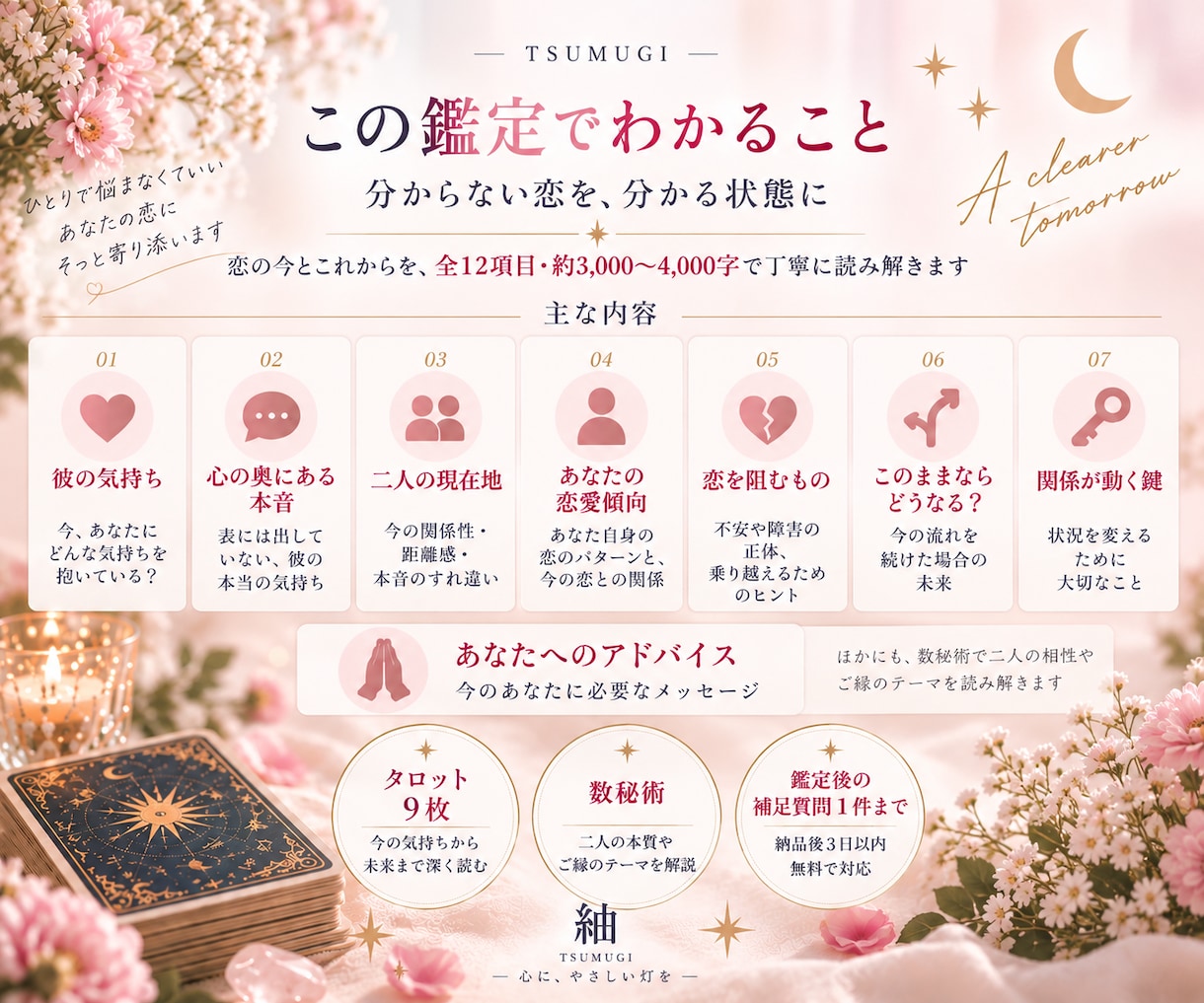 あの人の本音と、この恋の未来を読み解きます タロット9枚×数秘術｜12項目を3,000字以上で読み解く イメージ2