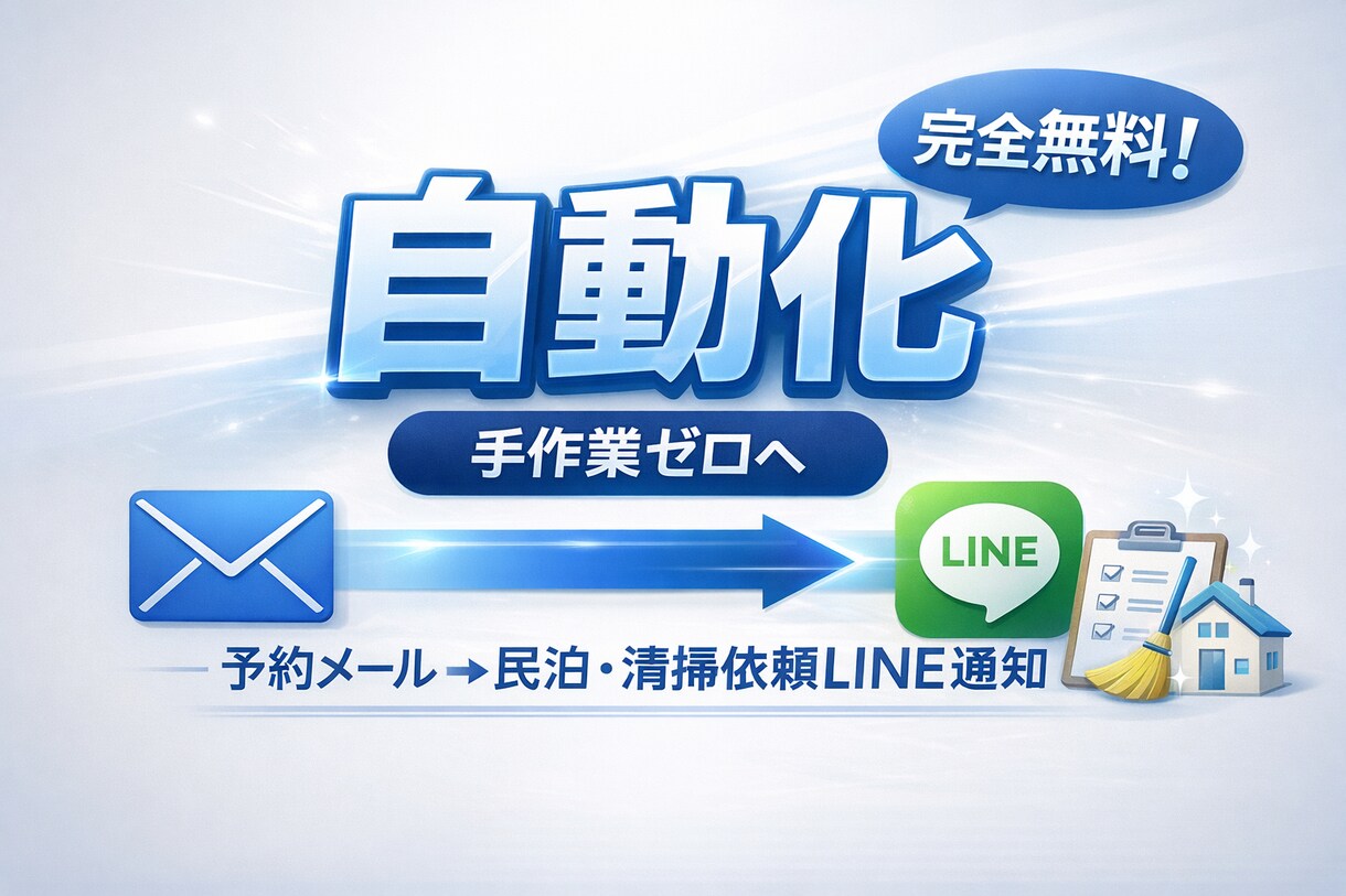 民泊予約メール→清掃依頼LINE通知を自動化します 小規模オーナー向け、【完全無料】ではじめる イメージ1