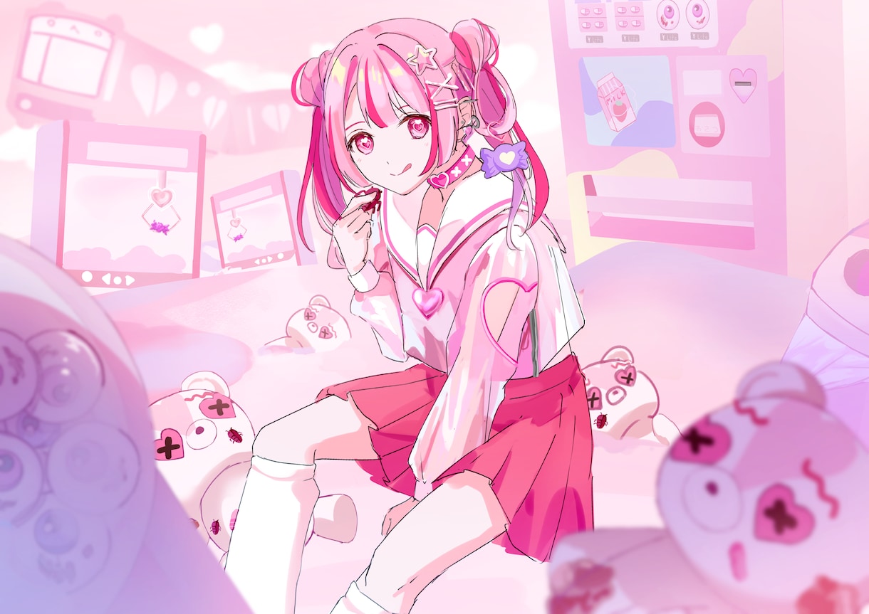 少女メインのラブリーなイラスト制作します 背景アリ対応可◎小物多めのごちゃっとしたイラストなど！ イメージ2
