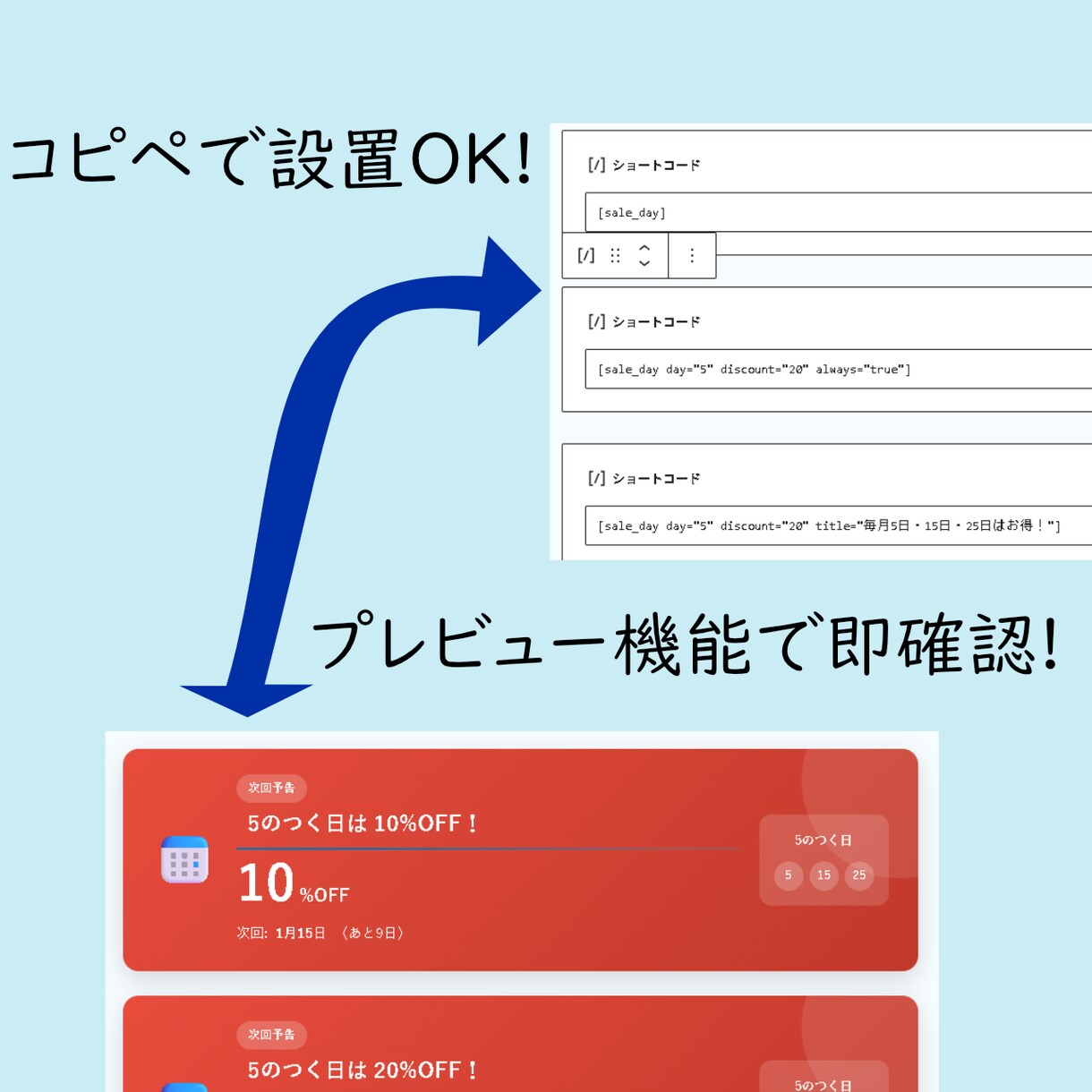 5のつく日等のセール告知。WP用表示を作成します アフィリエイト収益UPに。開催日と次回予告を自動で切り替え イメージ1