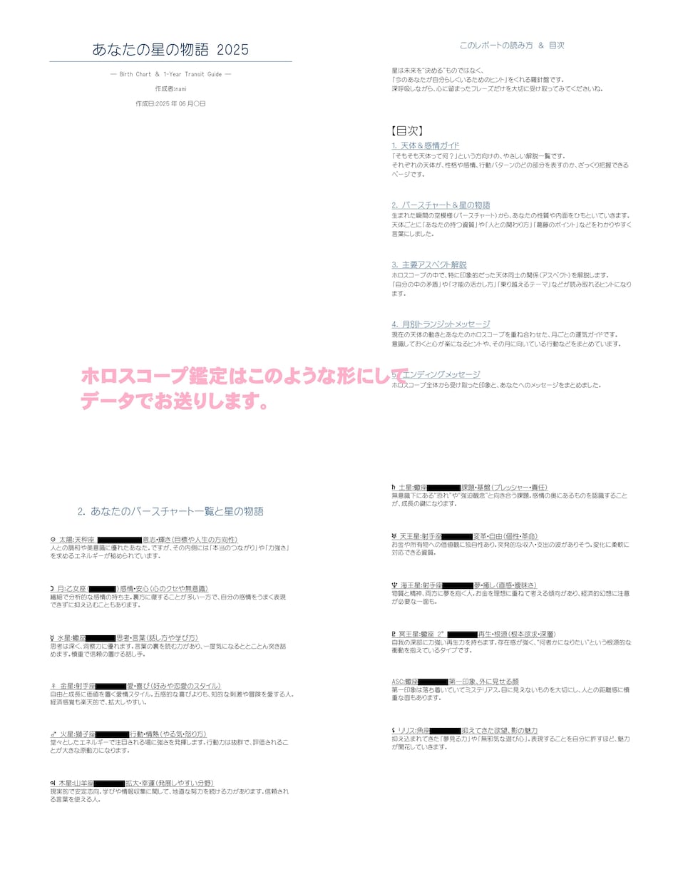 ホロスコープで読み解く人生設計図を作成します あなたの強み・使命と1年間の運気予報が見える イメージ3
