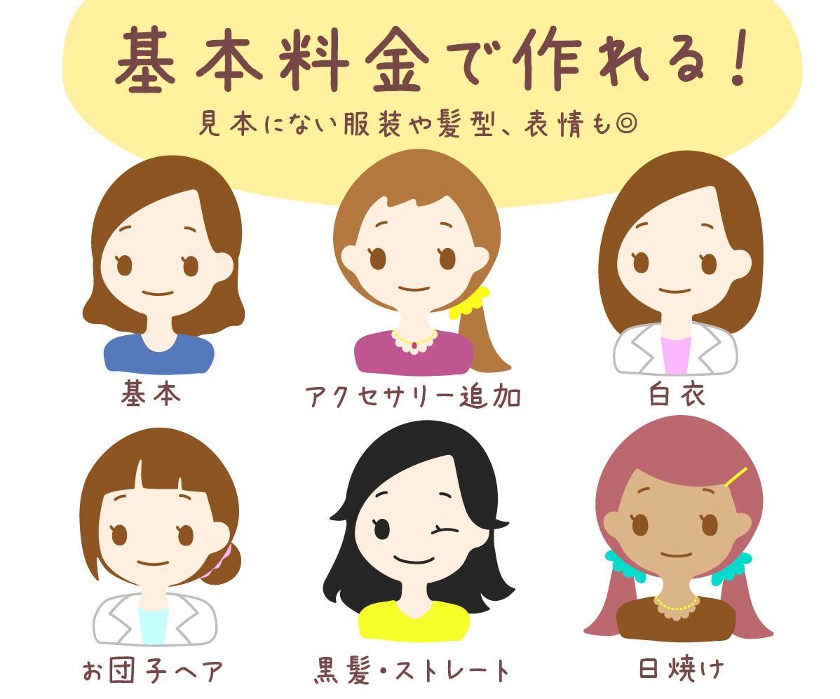 似顔絵OK表情7つ！髪型、服も基本料金で作れます セリフや手、アクセサリーも付けられる☆商用利用可能 イメージ3