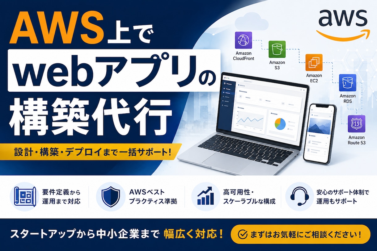 AWS上にWebアプリ・SaaS環境を構築します 「作りたい」を動くサービスに。ご要望に沿って進めます。 イメージ1
