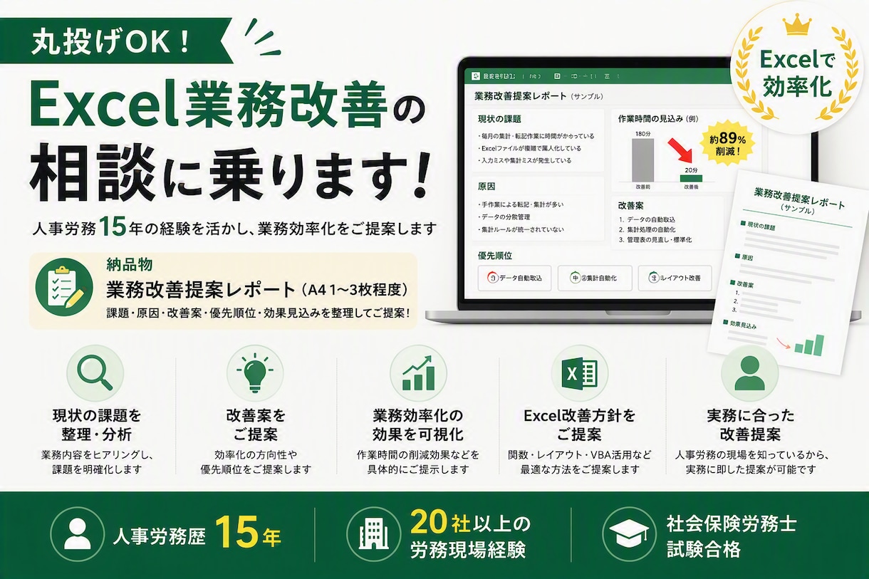 丸投げOK！お困りのExcelの改善案を提案します 人事労務15年の経験を活かし、業務効率化をご提案します イメージ1