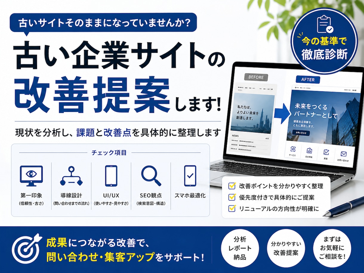 古い企業サイトを改善提案します 今の基準で課題と改善点を整理します イメージ1