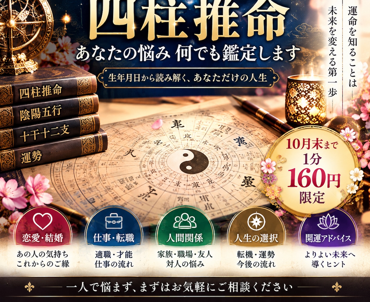 四柱推命であなたの悩み何でも鑑定します 「恋愛・仕事・人間関係どんなお悩みにも寄り添います」 イメージ2