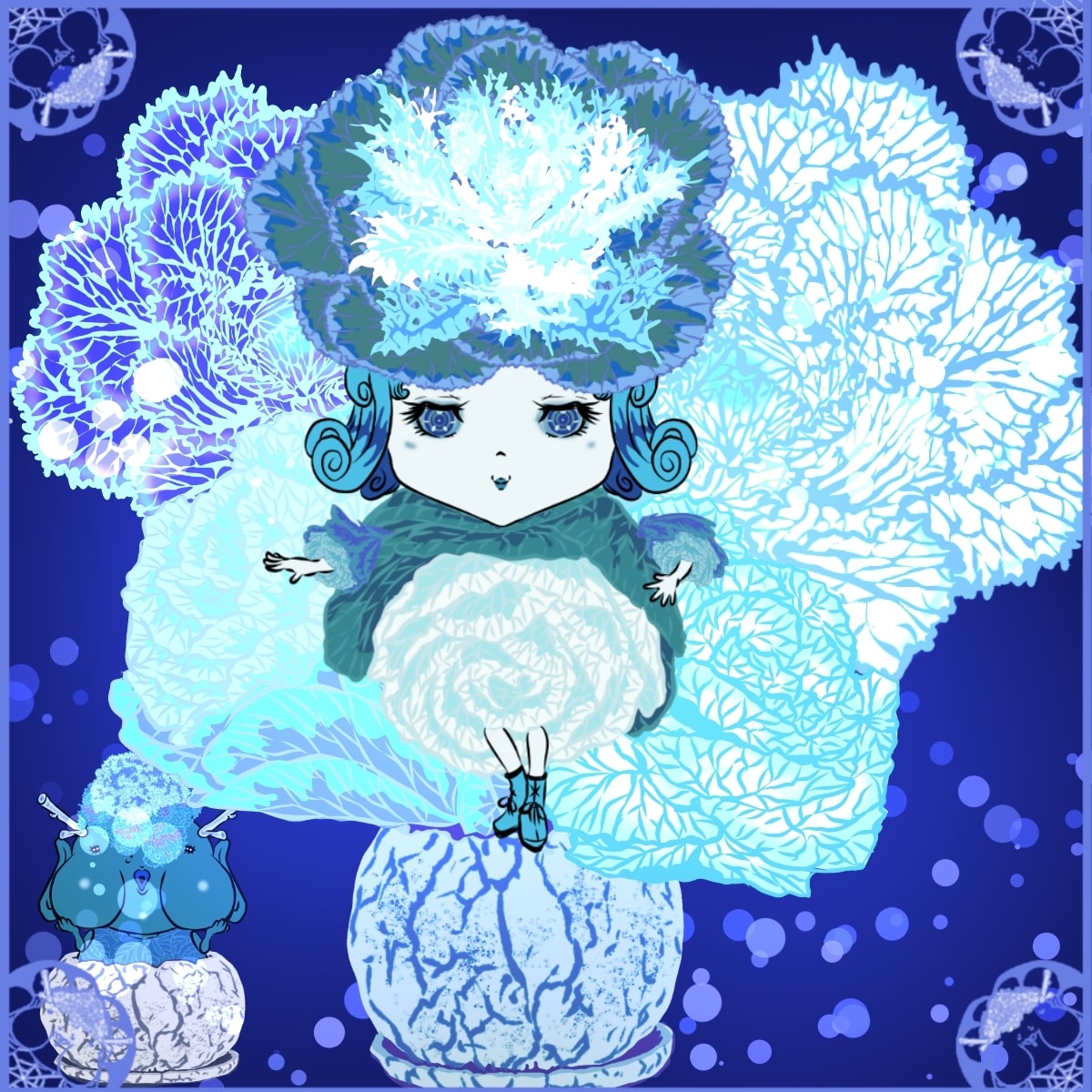 青色を基調として植物を妖怪に変化させた絵を描きます ブルーなのにキラキラ★植物と妖怪を美しく表現したイラストです イメージ2