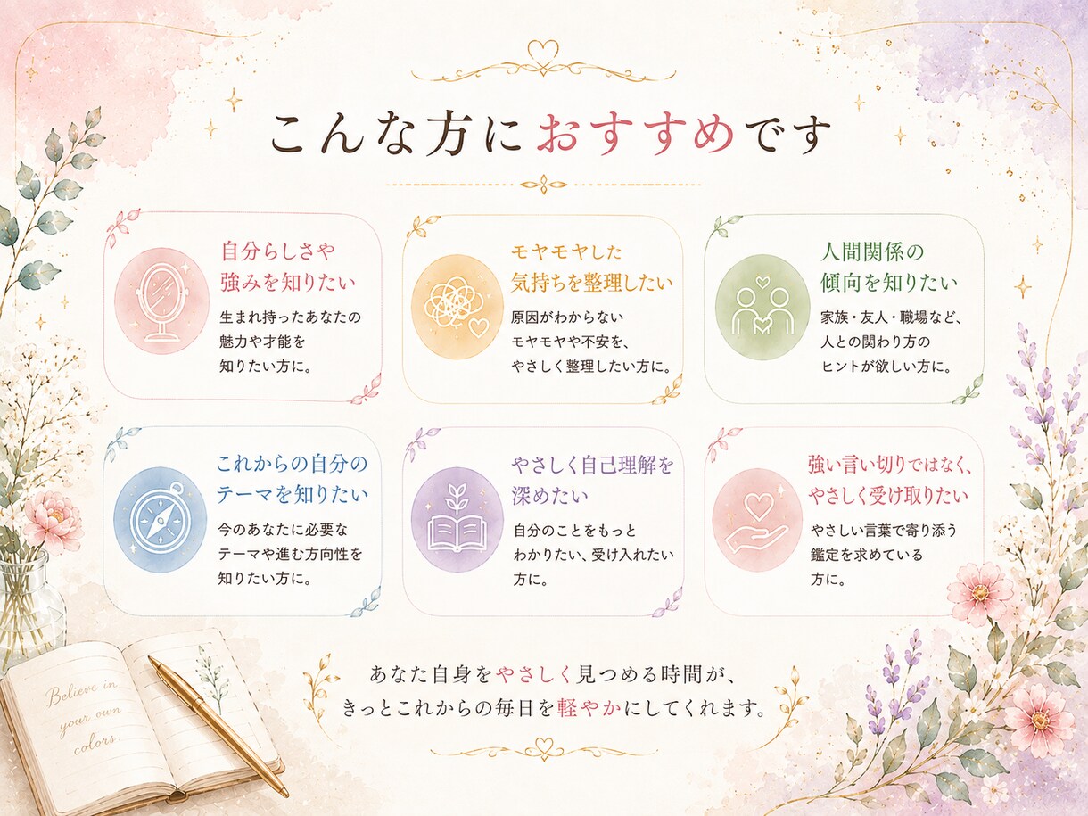 生年月日から、あなたの色と本質をやさしく診断します 自分らしさ・強み・心の傾向を知りたい方へ イメージ3