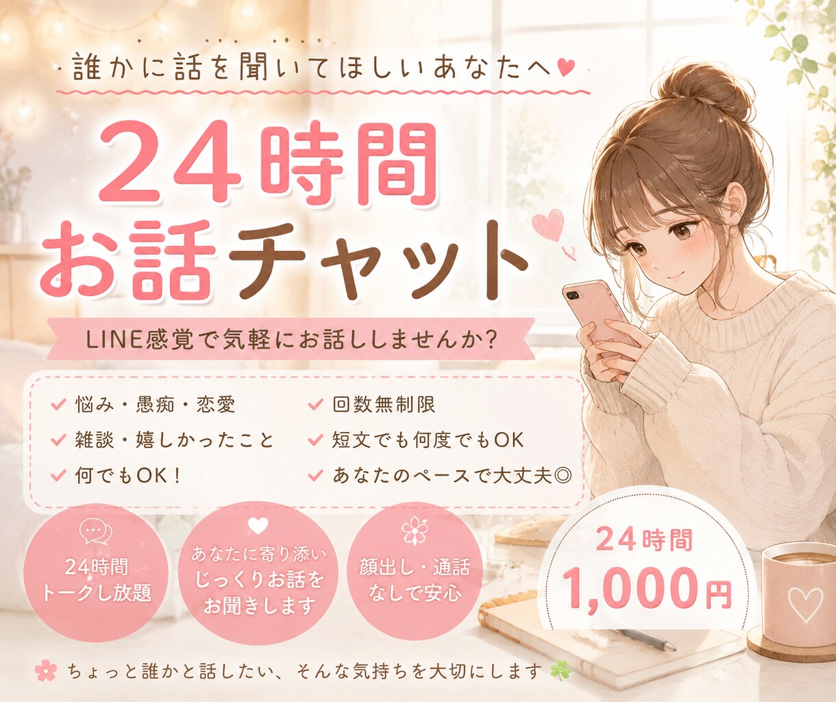 24時間チャット✨LINE感覚でお話しお聞きします 悩み・愚痴・恋愛・嬉しかったことなど何でもOK イメージ1