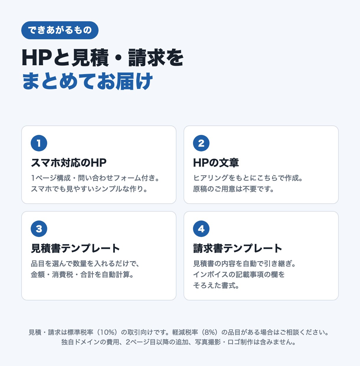 小さな会社のHPと見積書・請求書をまとめて作ります HPに来た問い合わせから、見積・請求までを1本の流れに。 イメージ7