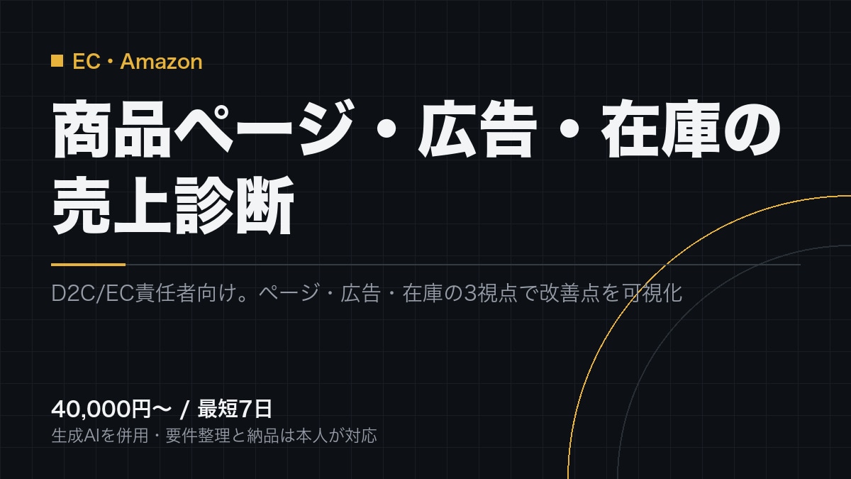 Amazon・ShopifyのEC売上を診断します 広告・商品ページ・在庫の順に、売上が止まる場所を特定します イメージ1