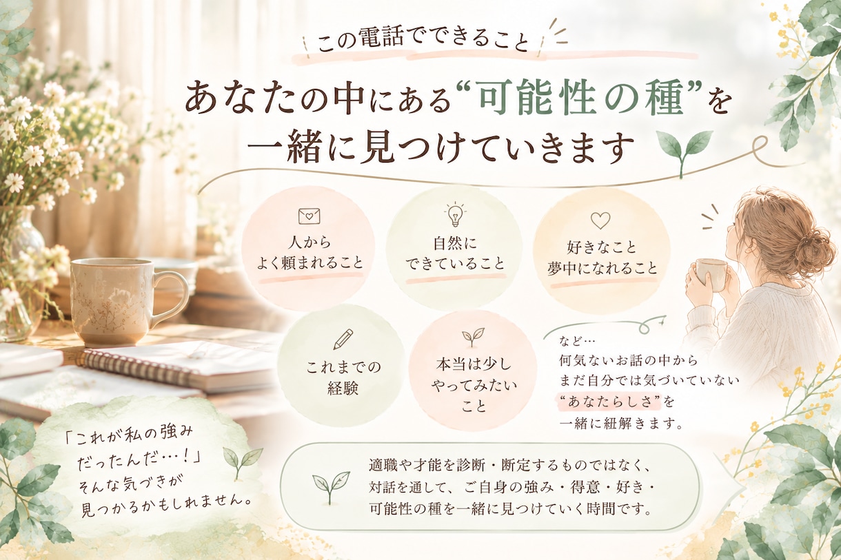 自分では気づかないあなたの強みを一緒に見つけます 「私には何もない」から、あなたの可能性の種を一緒に探します イメージ3
