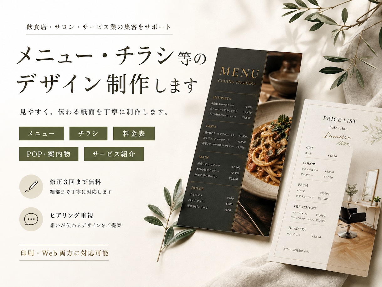 メニュー・チラシ等をデザインします 店舗・サービスに合わせて見やすく伝わる紙面を制作します イメージ1