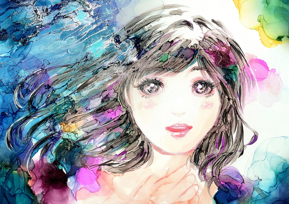アルコールインク×イラストで彩る唯一無二を作ります 滲む色彩と繊細なイラストが織りなす、あなただけの特別な一枚 イメージ1