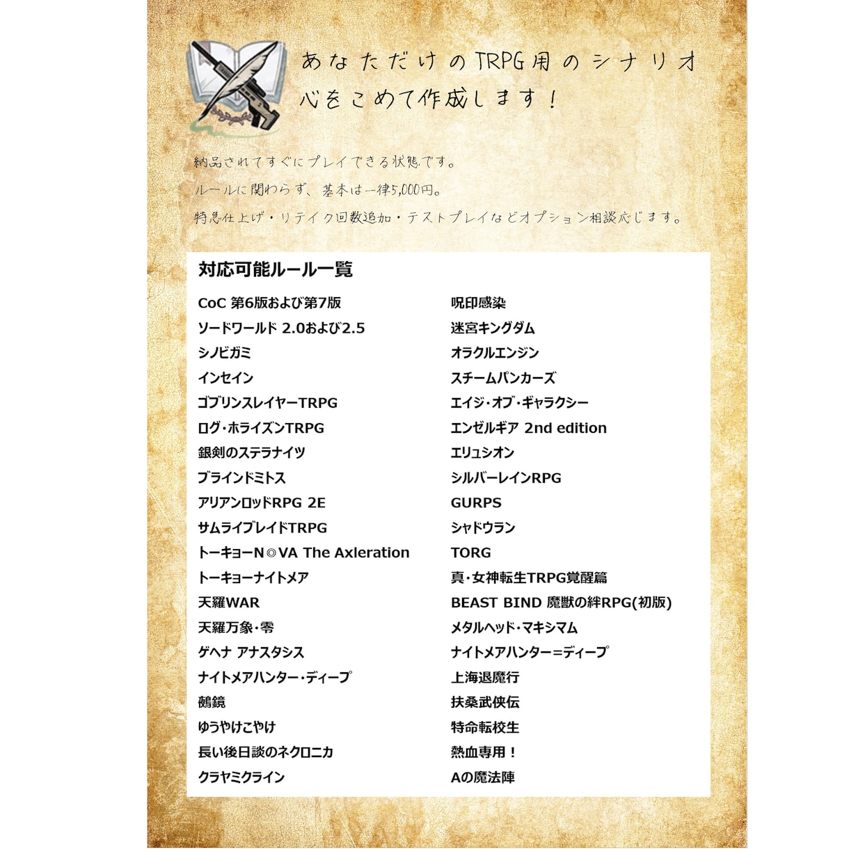 TRPGのオリジナルシナリオ、作成します 納品後すぐにプレイ可能な状態でお渡しします！ イメージ1