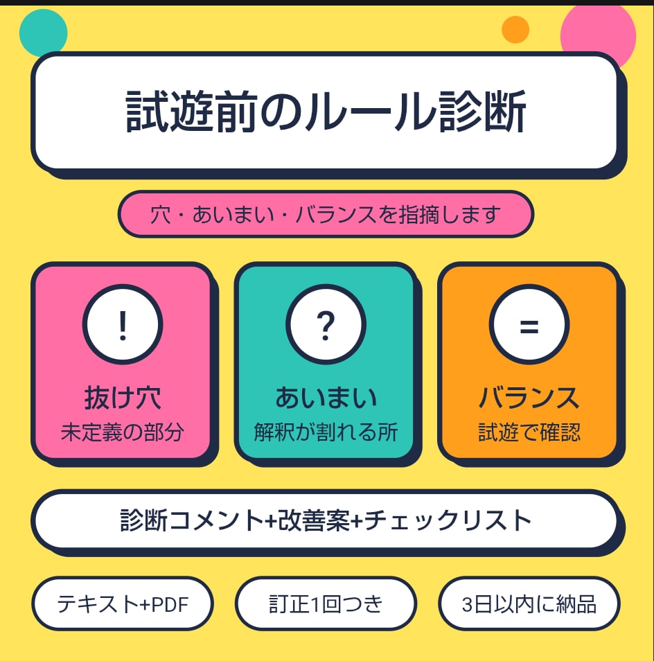 自作ボードゲームのルールをチェックします 試遊で止まりやすい箇所を修正案つきで添削 イメージ1