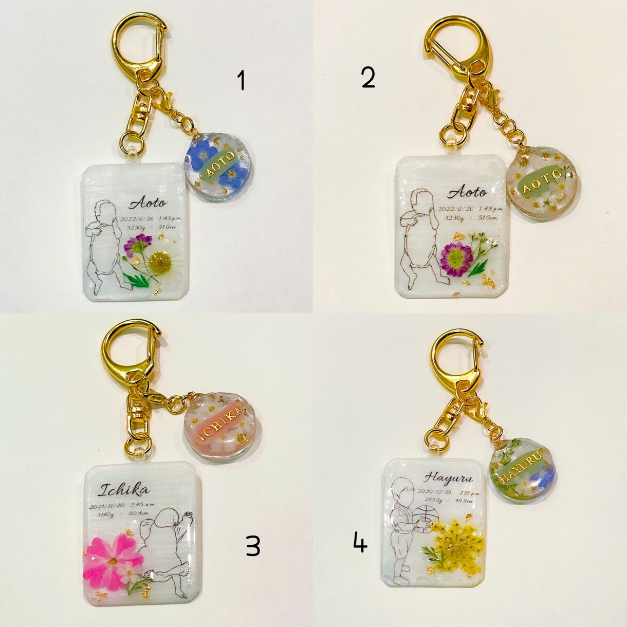 お子様の線画、出生記録をキーホルダーにします 線画イラストを押し花とともにキーホルダーに！ イメージ3