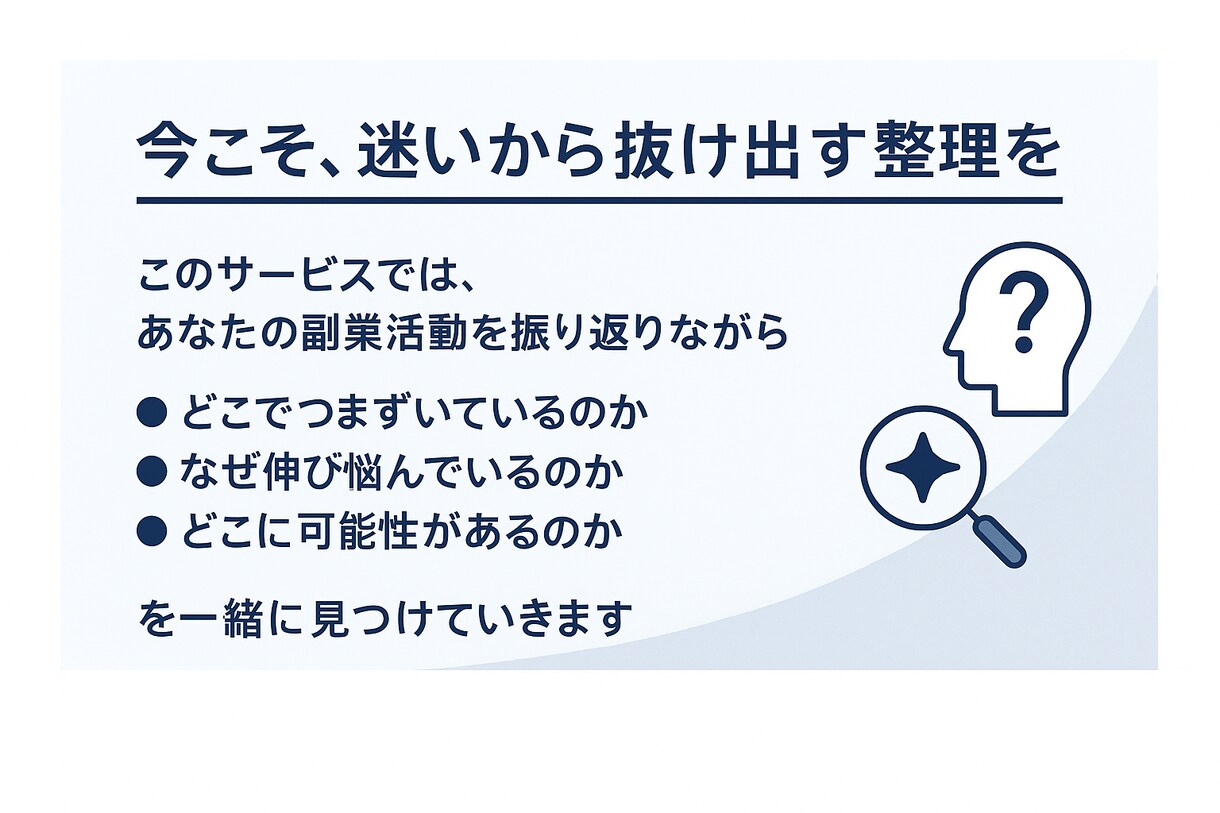 副業が伸びない…その迷い、一緒に整理します 「結果が出ない…」から抜け出す！戦略×リサーチで徹底サポート イメージ3
